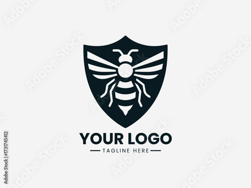 Protective honey bee security vector logo with shield border and guardian wings for safety company