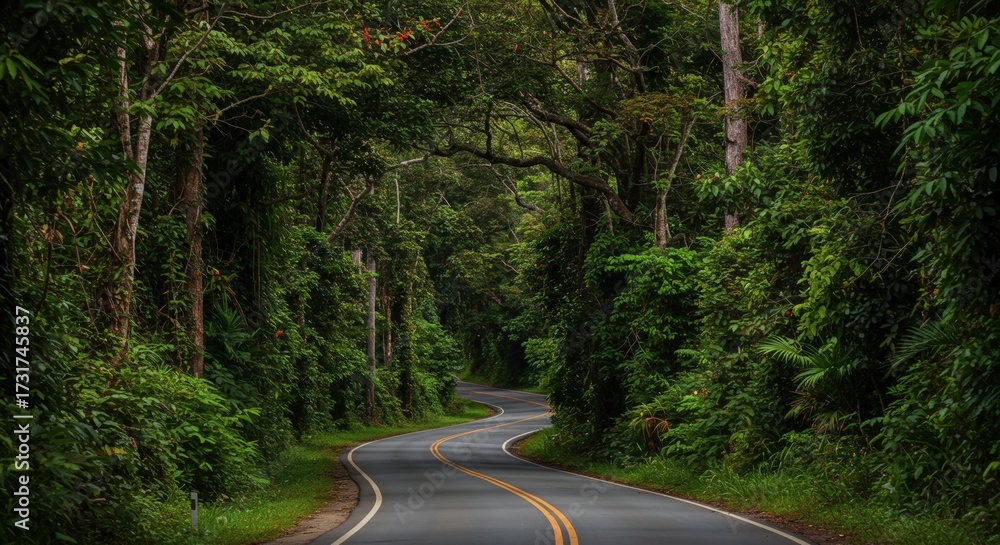 Obraz premium Winding road through lush green forest canopy natural sunlight landscape perspective