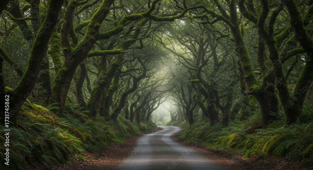 Obraz premium Winding road through lush green forest canopy with overhanging branches and atmospheric sunlight