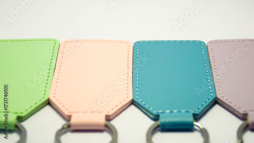 Photos Set of colorful rectangular leather keychains with metal rings isolated on a white background