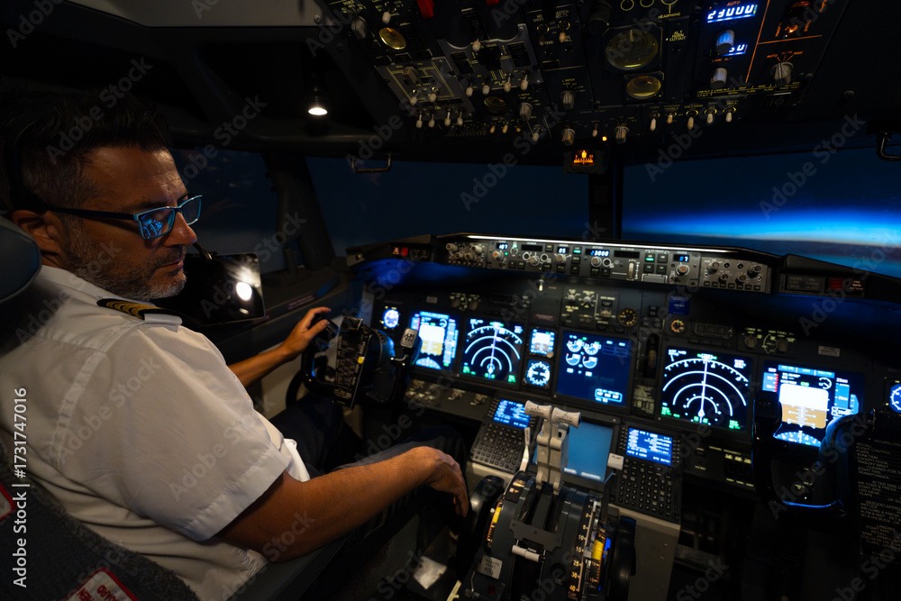 Naklejka premium Commercial airline pilot flying airplane in flight simulator