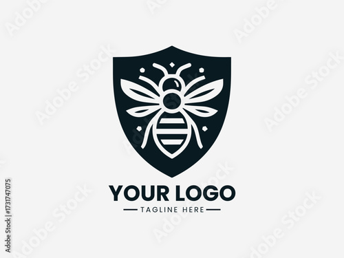 Protective honey bee security vector logo with shield border and guardian wings for safety company
