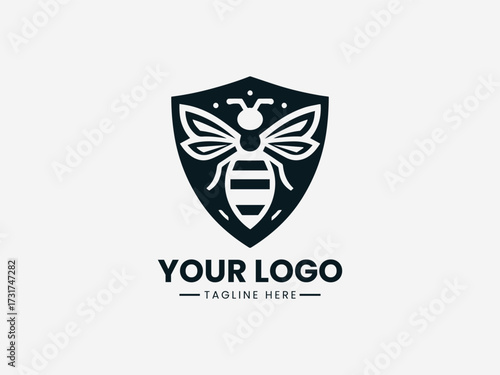 Protective honey bee security vector logo with shield border and guardian wings for safety company