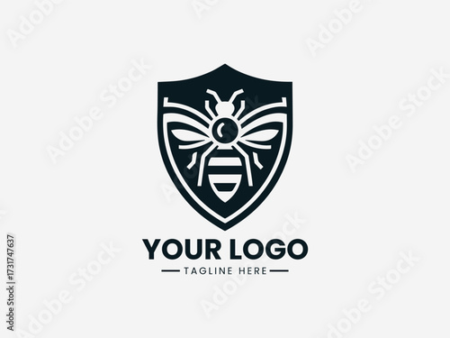 Protective honey bee security vector logo with shield border and guardian wings for safety company