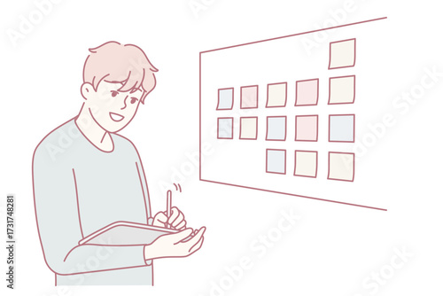 Motivated businessman brainstorm wok with sticky notes on board in office. Male employee or worker involved in creative thinking at workplace. Vector illustration.