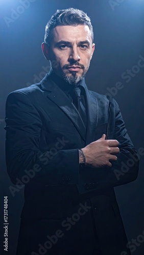 Intense Portrait of a Man in Dark Suit Under Dramatic Blue Lighting on Dark Background Confident Stance Business Professional