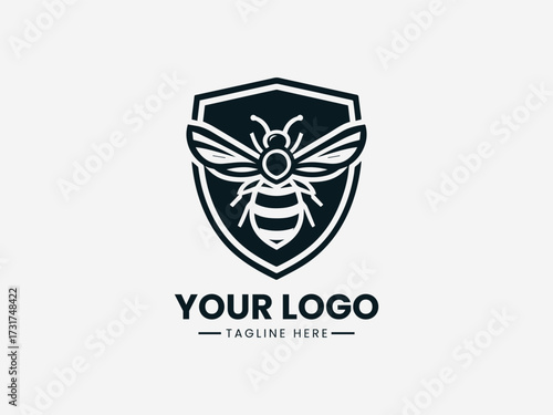 Protective honey bee security vector logo with shield border and guardian wings for safety company