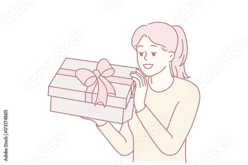 Excited young woman open wrapped present celebrating birthday. Smiling girl unpack gift box with bow. Celebration and party. Vector illustration.