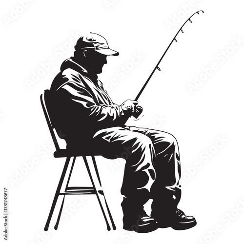 Silhouette of man fishing full body illustration 