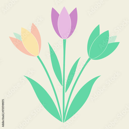 Three stylized tulips in pastel colors on a cream background Keywords: tulips, flowers, floral