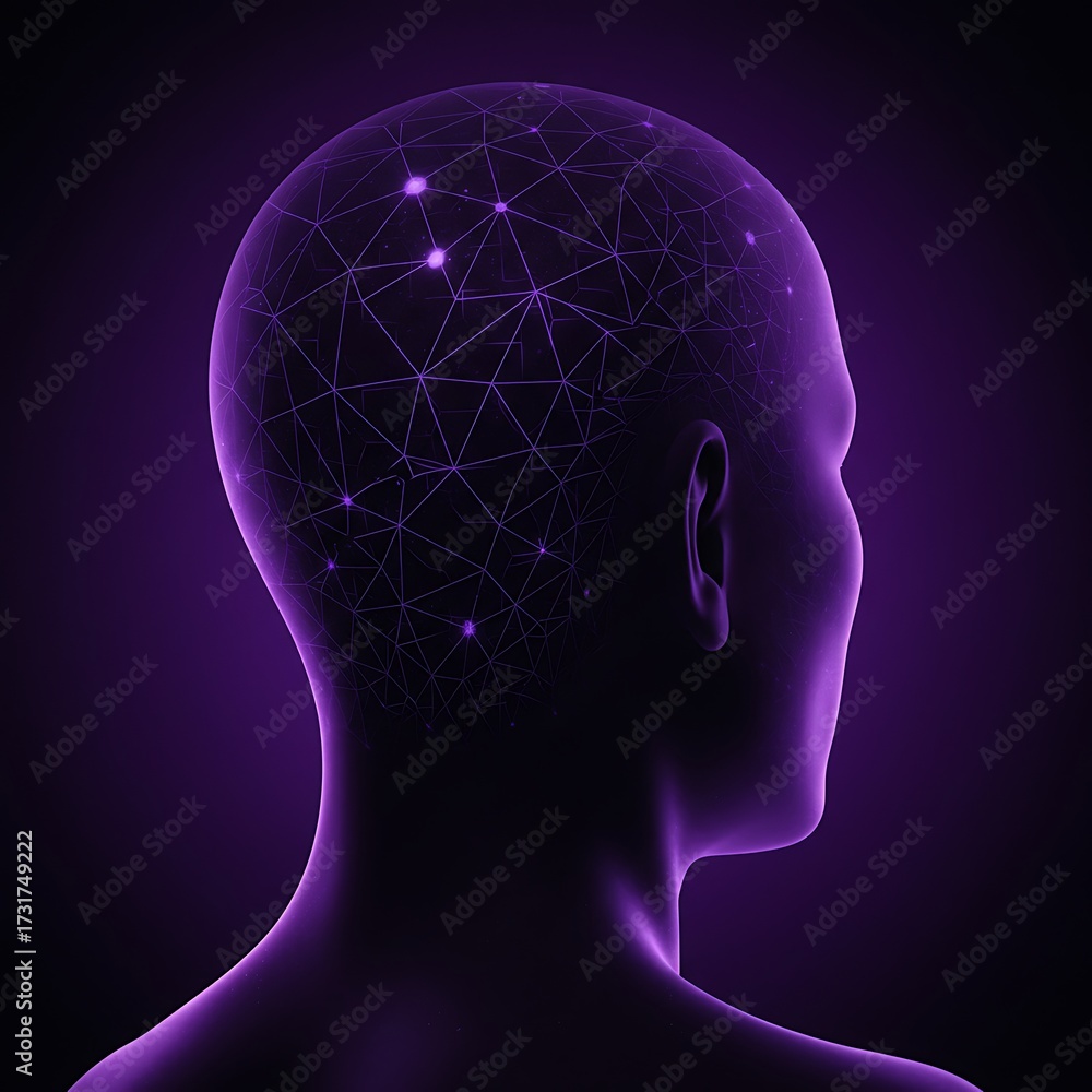 Obraz premium Human Head Silhouette with Neural Network and Glowing Dots