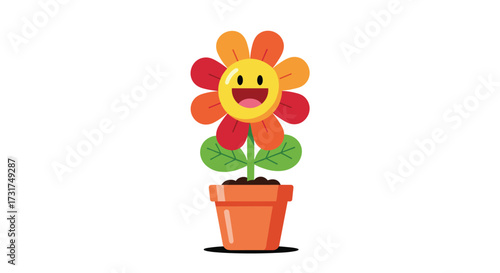 A happy and vibrant cartoon flower in a pot with a smiling face radiating positivity and joy.
