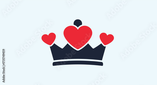 A royal crown adorned with three bright red hearts symbolizing love and royalty.