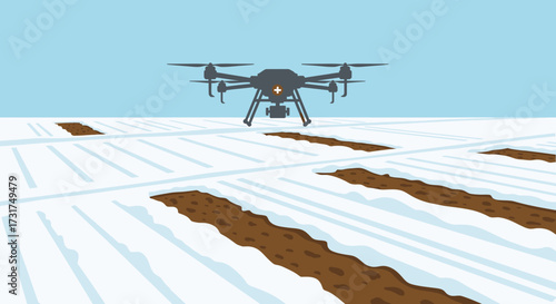 Drone flying over agricultural fields for crop monitoring.