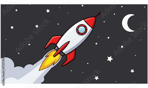 Cartoon Rocket Launching into Space with Stars and Moon