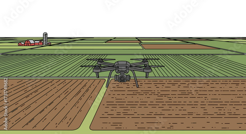 Drone flying over agricultural fields for precision farming.