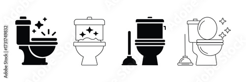 Toilet cleaning black line icon. Bathroom cleaning. Restroom or bathroom symbol or logo. Vector toilets man or woman urinate to cleanup. Toilet equipment. Vector Illustration.