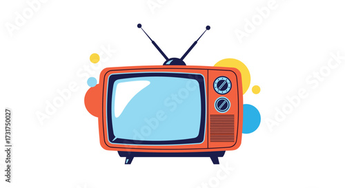 Retro television set with antennae and colorful abstract shapes in the background.