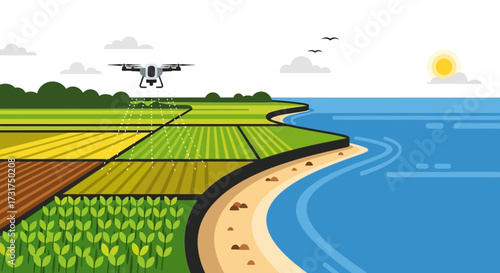 Drone flying over agricultural fields near the ocean.