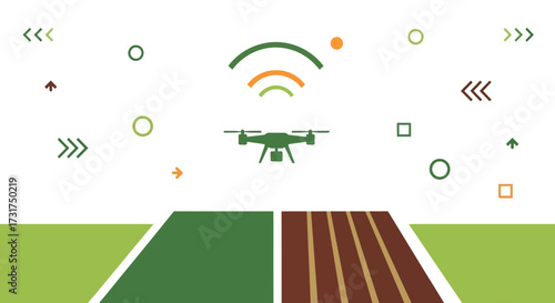 Drone flying over agricultural fields with signal waves.