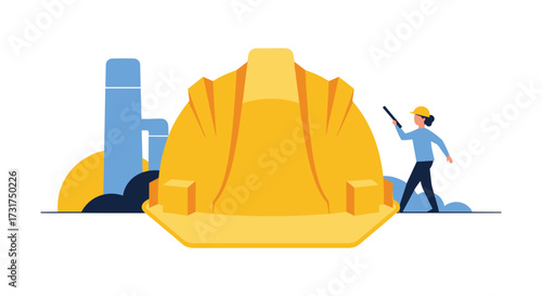 A woman wearing a hard hat and safety vest stands next to a large yellow hard hat and industrial structures.