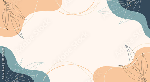 Abstract organic shapes with botanical line art on a muted pastel background.