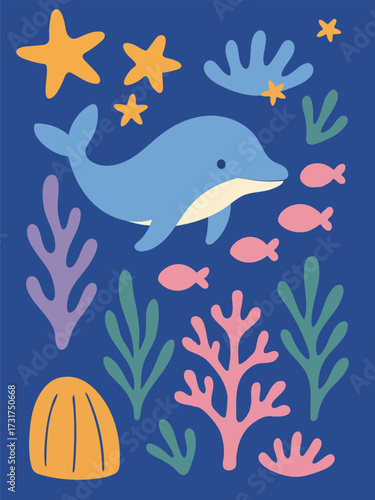Seamless cartoon vector pattern illustration of marine life with tropical fish, dolphins, octopus, and turtles swimming underwater in the ocean