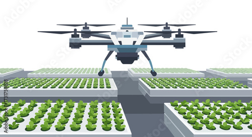 Drone flying over hydroponic farm for precision agriculture.
