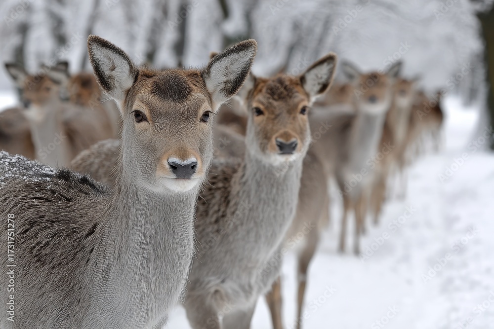 Fototapeta premium Majestic Deer Herd Gracefully Roaming Through a Snow-Covered Forest in Tranquil Winter Wonderland