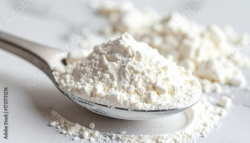 White powder supplement in scoop. Hydrolyzed collagen, sodium benzoate, citric acid