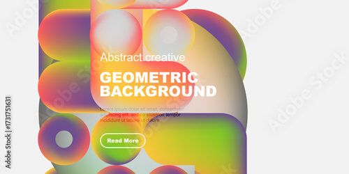 Vibrant abstract shapes overlap, creating colorful geometric background. Text promotes further reading via button.