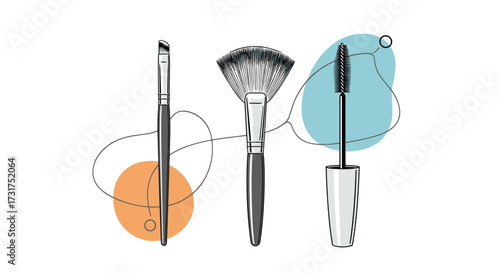 An artistic illustration showcasing a collection of essential makeup brushes and mascara tubes.