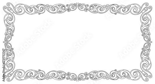 Decorative ornate rectangular border with swirling floral motifs on a white background.