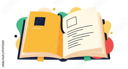An open book lies on a white background with colorful abstract shapes and dots around it.