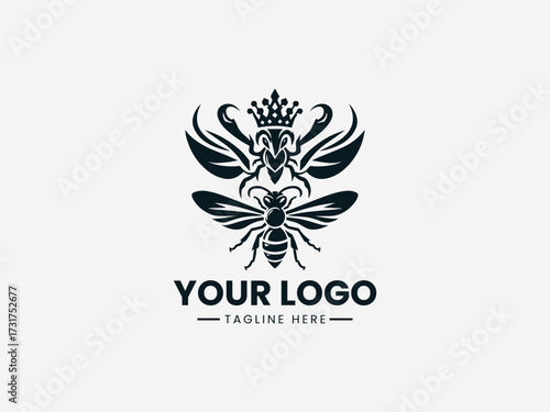 Royal queen bee and king hornet wasp vector logo with crown elements for competitive business branding