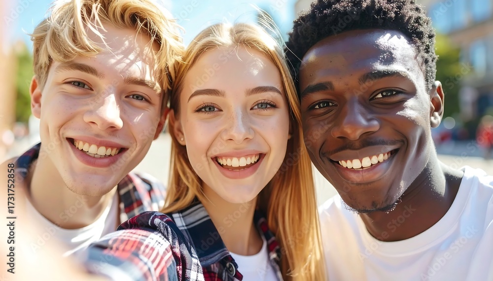 Obraz premium Diverse Trio's Radiant Smiles: Capturing Joyful Friendship in a Sunny Selfie