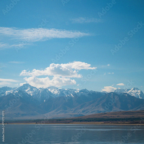 Mountain lake and blue sky. Background Image. Minimalist backdrop. Template design 