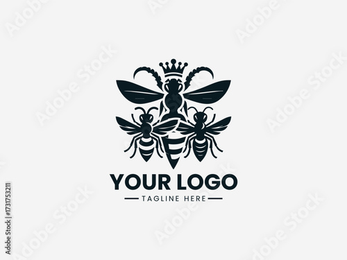 Royal queen bee and king hornet wasp vector logo with crown elements for competitive business branding