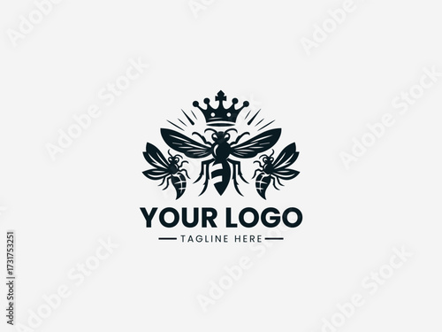 Royal queen bee and king hornet wasp vector logo with crown elements for competitive business branding