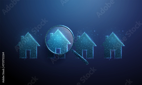Group of 3d blue houses with one under a magnifying glass. Real estate search, property selection, home evaluation, housing market analysis, mortgage concept.