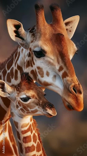 Captivating bond between a mother giraffe and her playful calf in a sunlit savanna