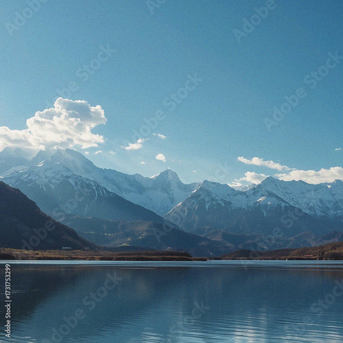 Mountain lake and blue sky. Background Image. Minimalist backdrop. Template design 