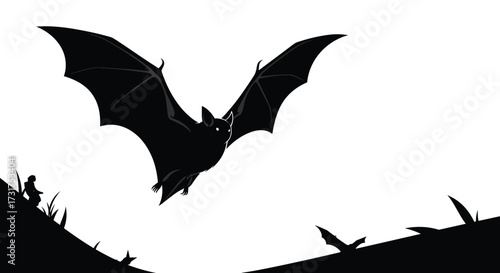 A large silhouette of a bat in flight against a white sky with dark ground details.