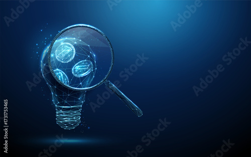 3d blue light bulb with a magnifying glass with falling coins inside. Financial idea, investment analysis, innovation, economic growth, wealth management concept.