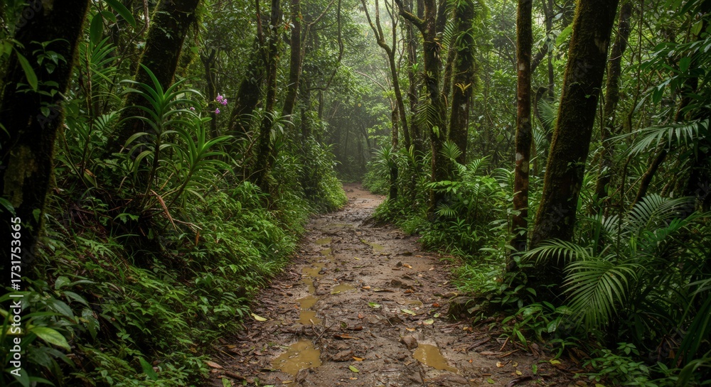 Fototapeta premium A forest trail through dense vegetation with sunlight filtering through trees in natural environment