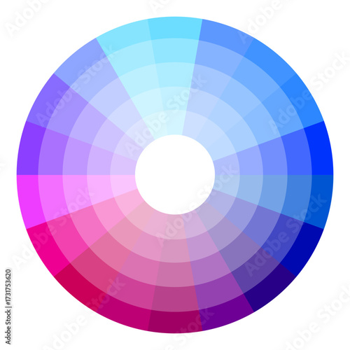 Vibrant color wheel illustration. Blue spectrum dominance. Circular chroma Vector guide. Gradient tone palette.