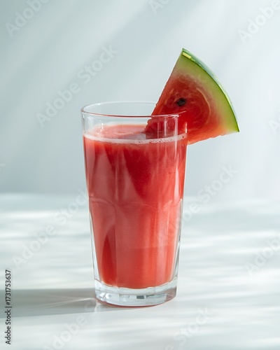 Refreshing watermelon juice in a glass with a slice, isolated on white background