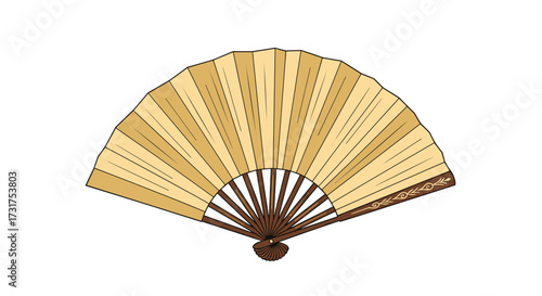 A decorative wooden folding fan with a beautiful pattern of alternating colors, perfect for cultural events or as a unique accessory. This fan offers a touch of elegance and style.