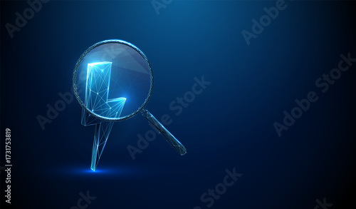 3D blue lightning bolt under magnifying glass. Energy analysis, renewable energy, green energy, scientific investigation, energy source research concept.
