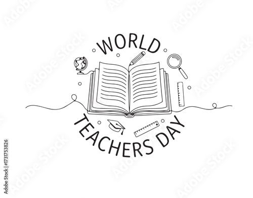 World Teachers Day. open book. continuous one line art hand drawing sketch, logo